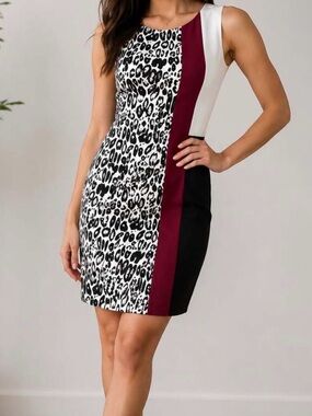 Ann Taylor Black, White & Burgundy Leopard Panel Sheath Dress